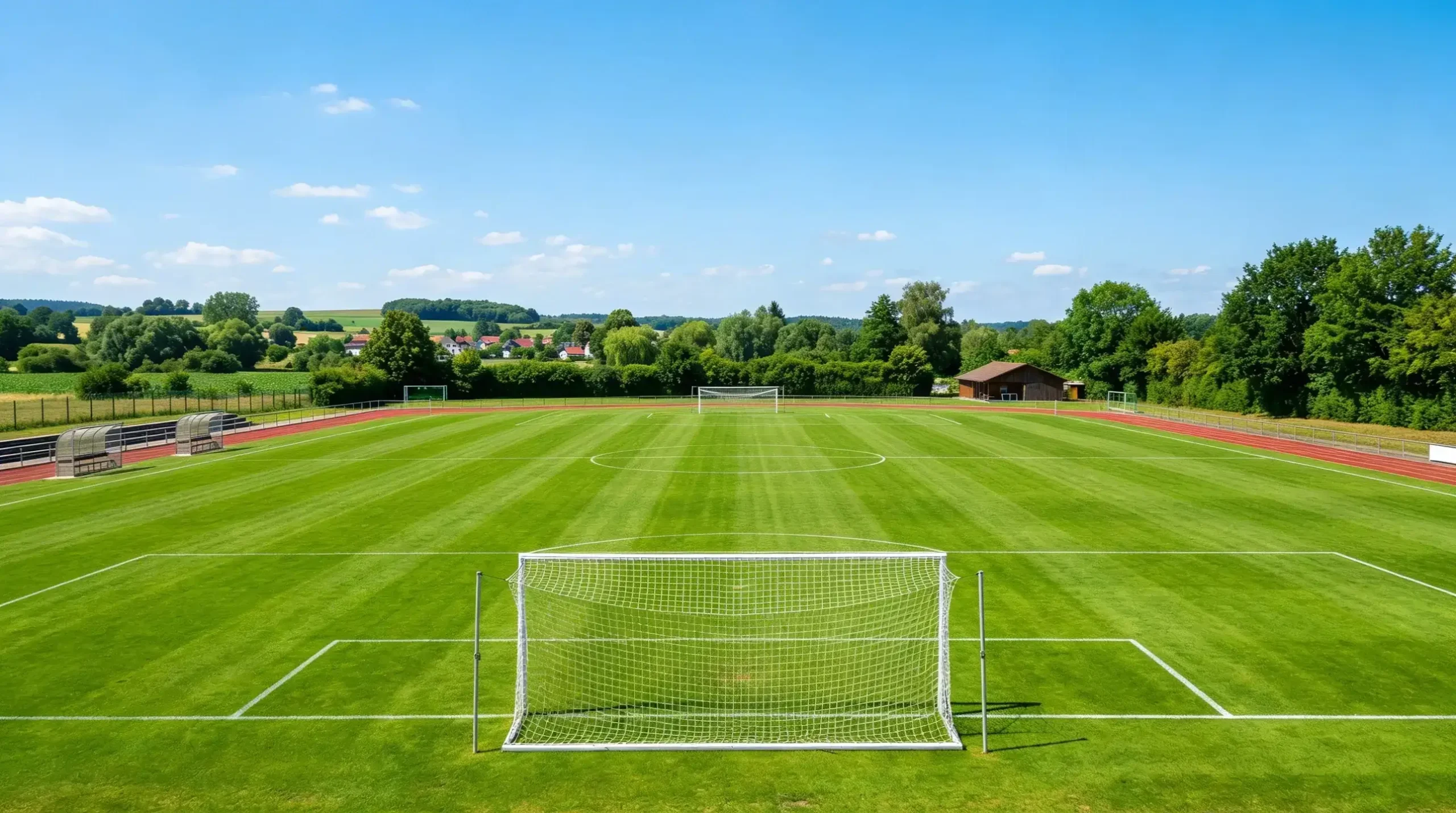 Dos porterías de fútbol enfrentadas en un campo de césped bajo iluminación de estadio