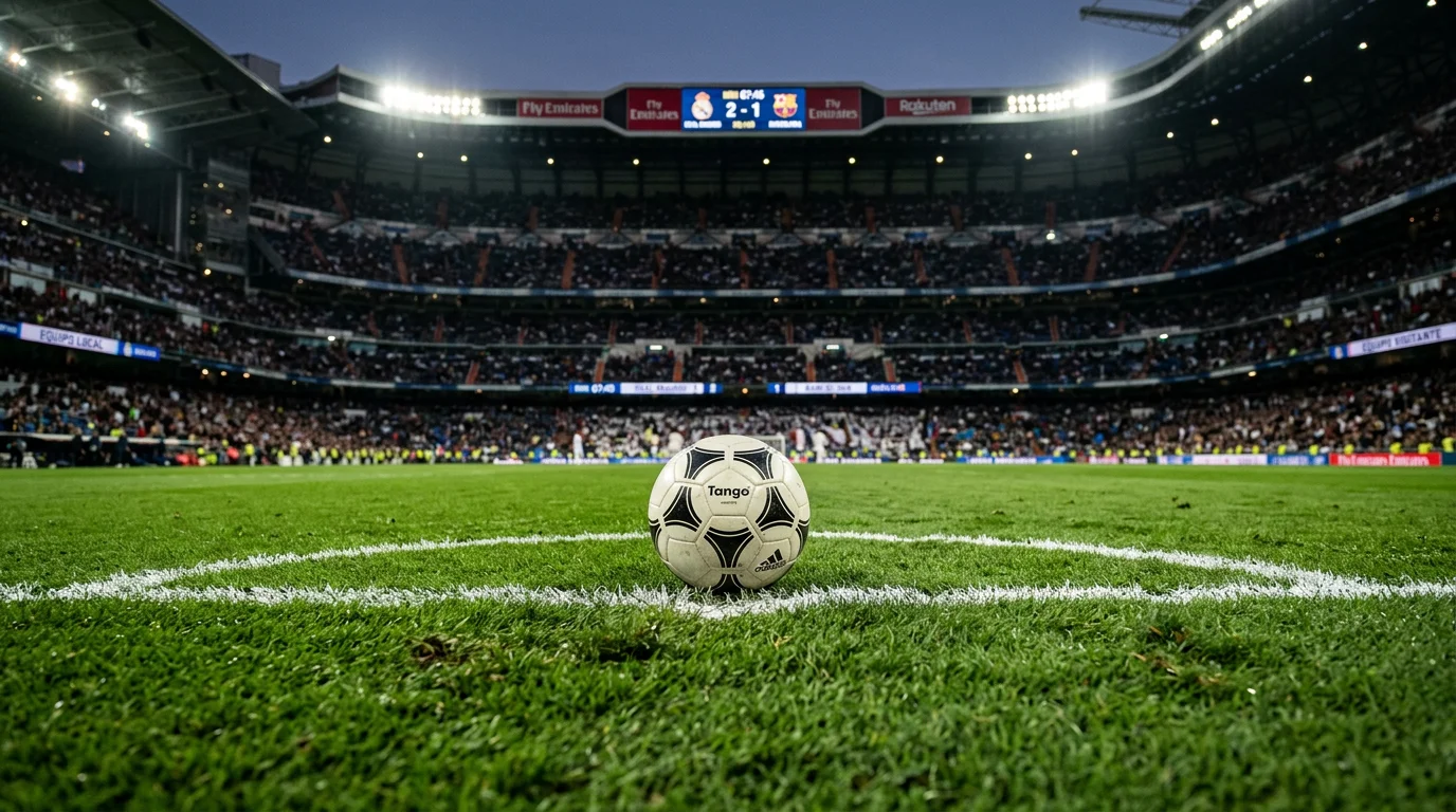 Balón de fútbol sobre césped verde de un estadio con marcador electrónico al fondo
