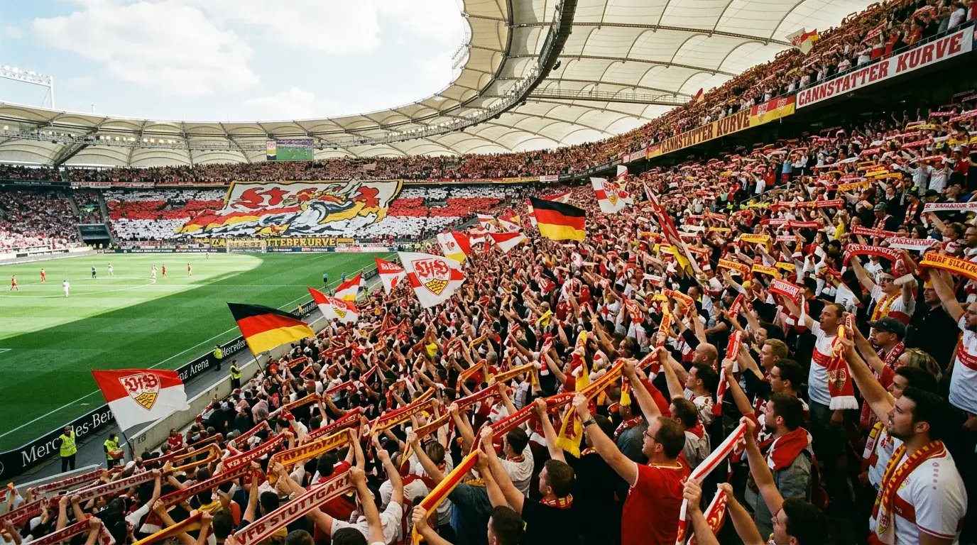 Gradas llenas de aficionados con banderas en un estadio de fútbol alemán de la Bundesliga