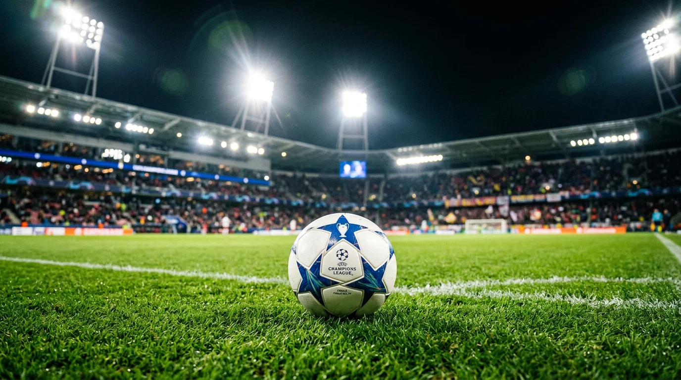 Balón de fútbol sobre césped de un estadio europeo iluminado para un partido nocturno