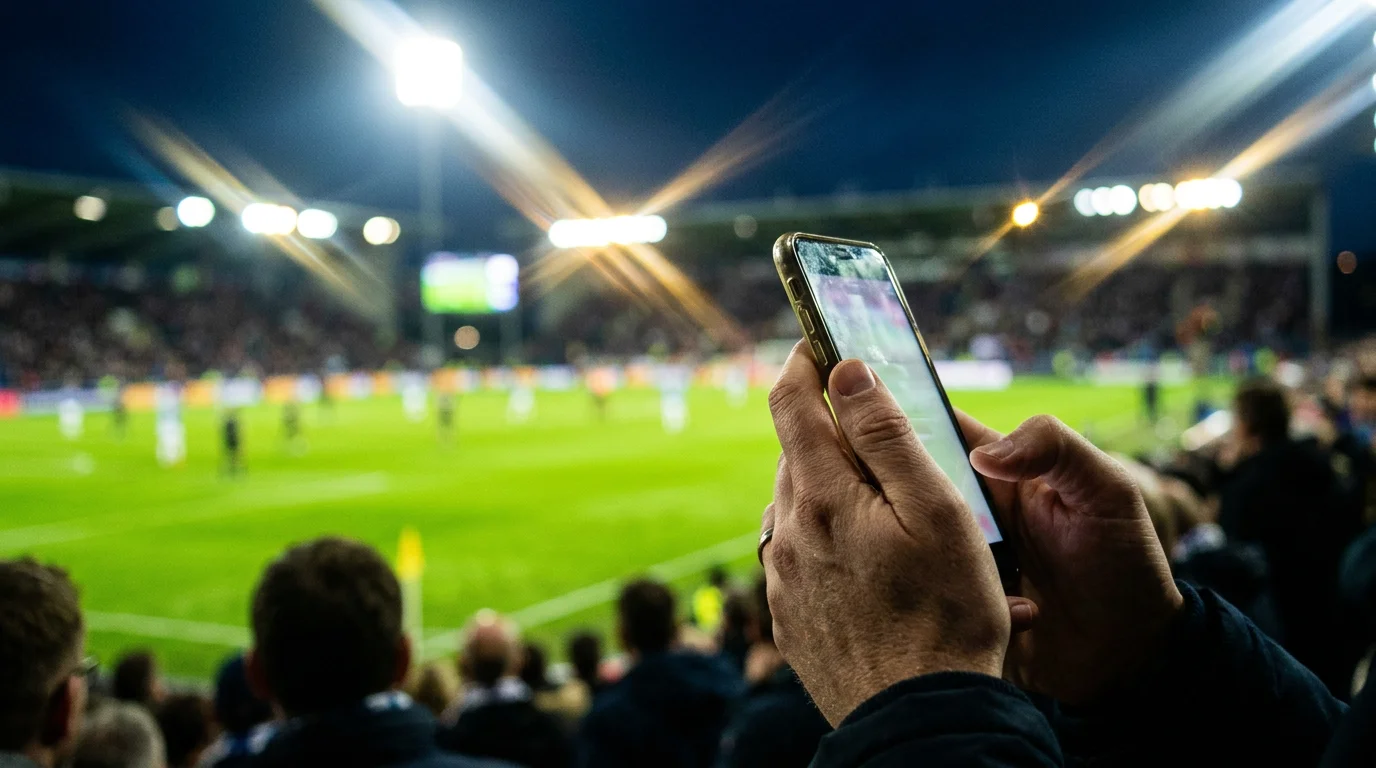 Apuestas en vivo de fútbol con smartphone mostrando un partido en directo en el estadio