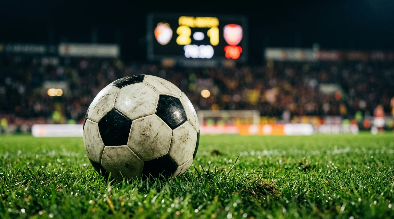 Balón de fútbol sobre césped con un marcador electrónico de estadio desenfocado al fondo