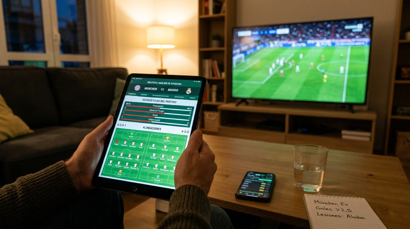 Persona analizando estadísticas de fútbol en una tablet con un partido en segundo plano