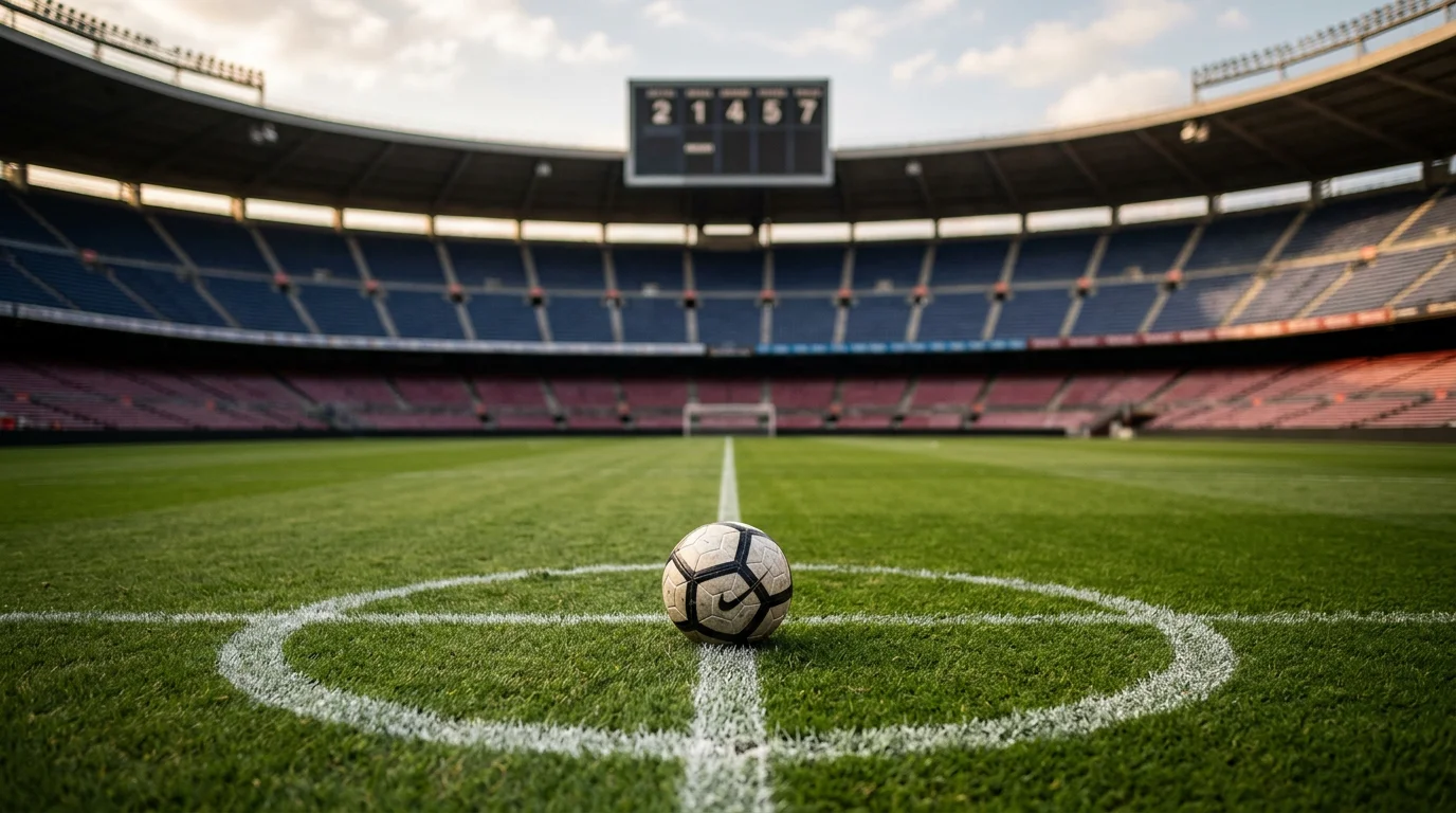 Cuotas de fútbol en pantalla con balón sobre césped de estadio