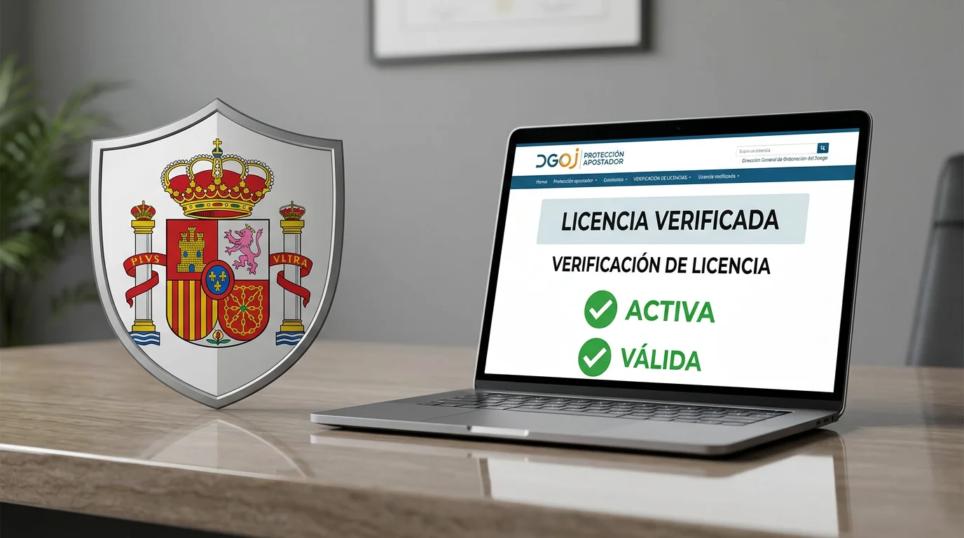 Escudo oficial junto a un portátil mostrando una página web de verificación de licencias de apuestas