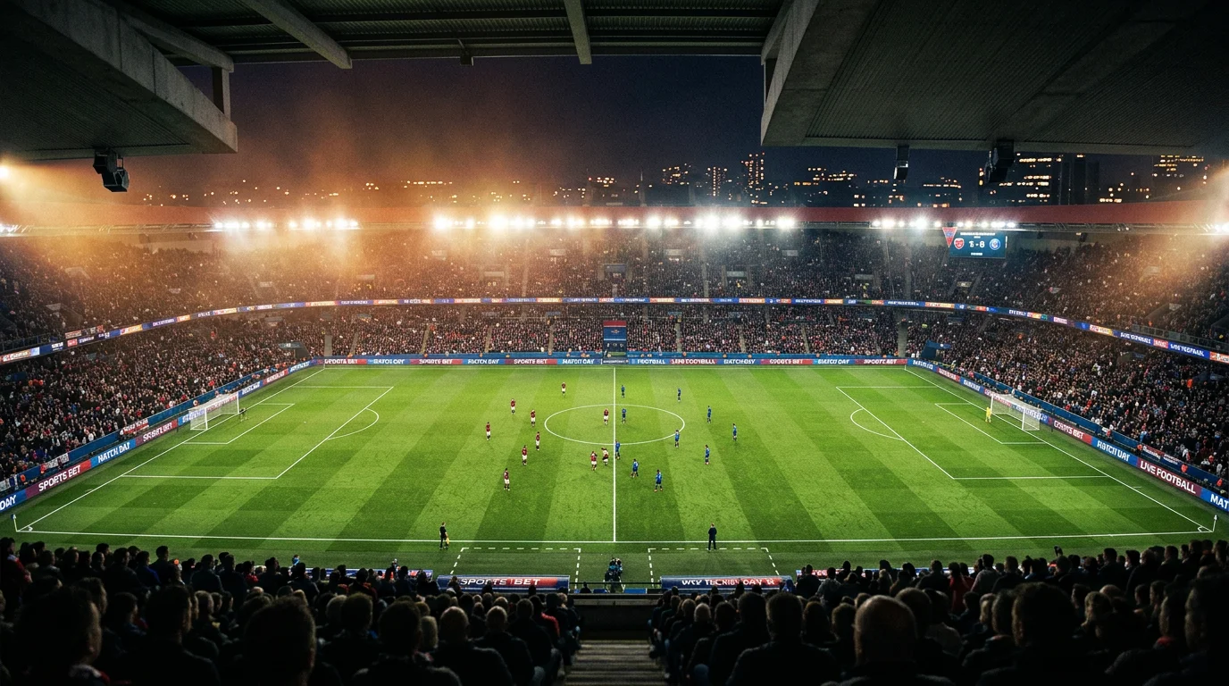 Campo de fútbol visto desde la grada con dos equipos disputando un partido bajo focos