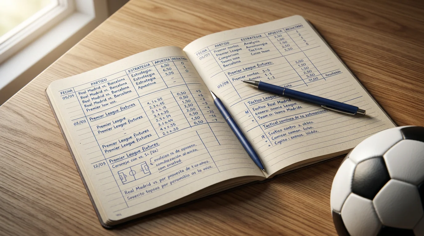 Estrategias de apuestas de fútbol con cuaderno de notas y bolígrafo junto a un campo de fútbol