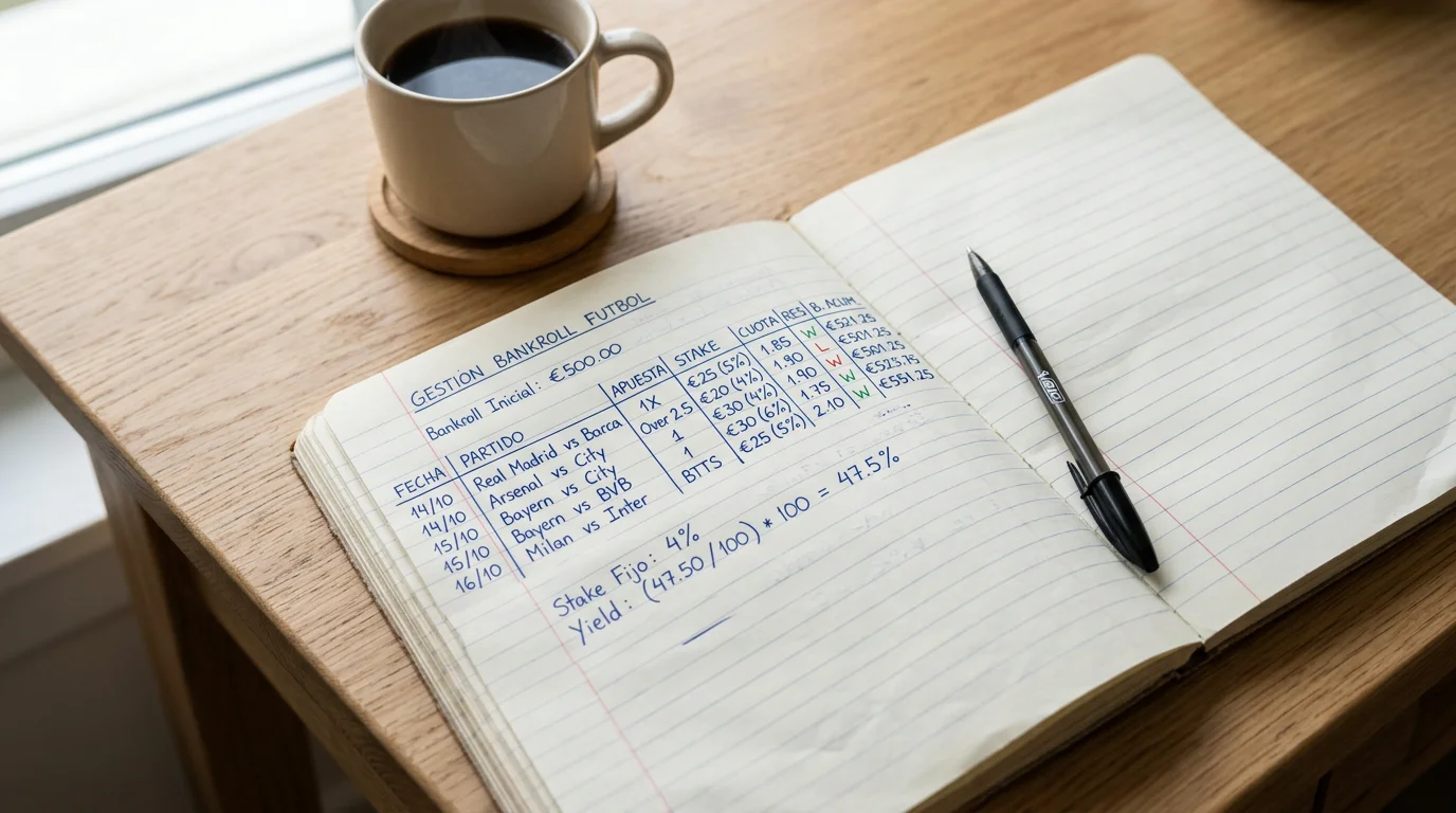 Cuaderno abierto con anotaciones de apuestas junto a un bolígrafo sobre una mesa de madera