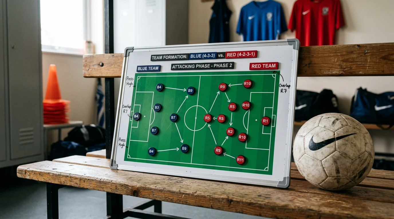 Pizarra táctica de fútbol con líneas de juego dibujadas junto a un balón de fútbol