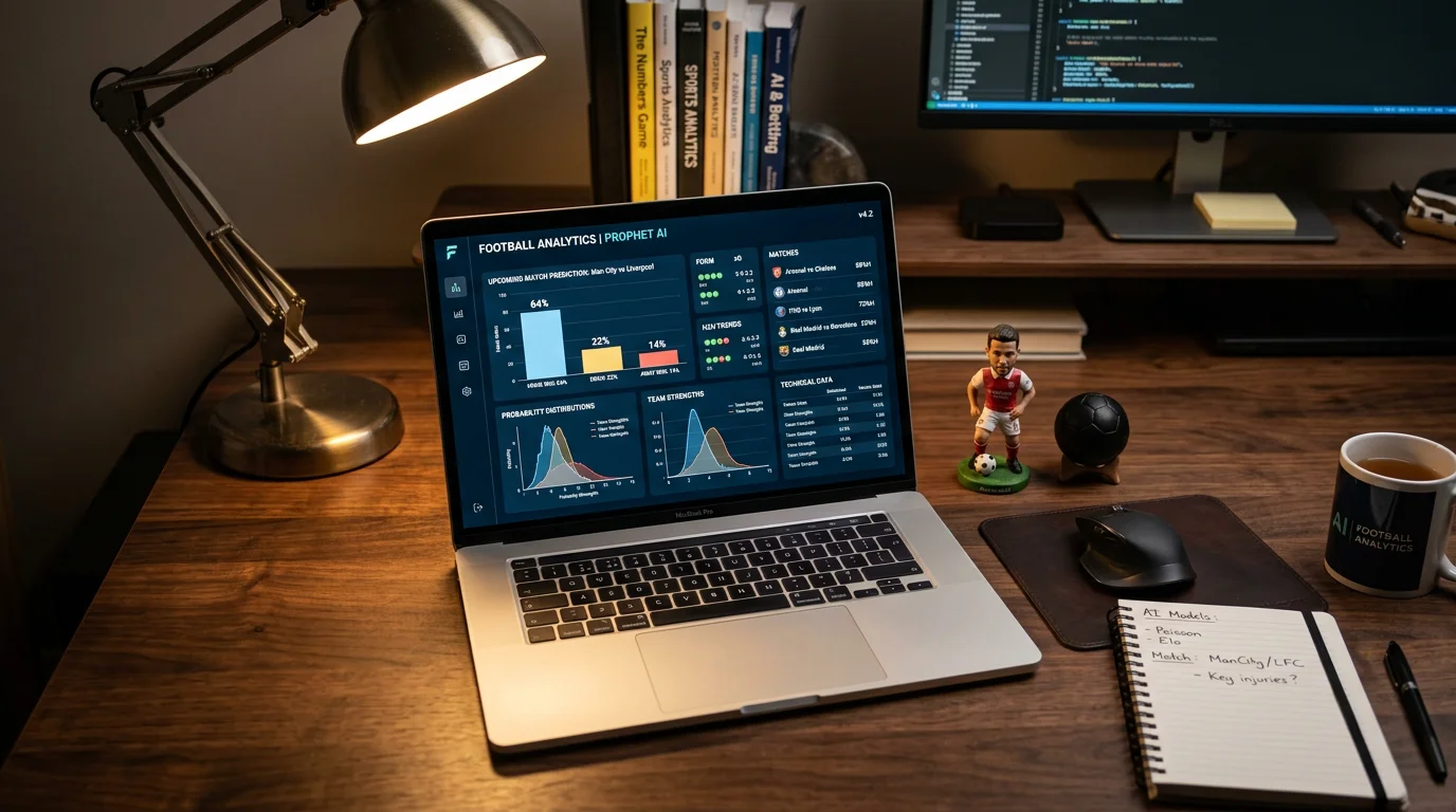 Portátil mostrando un modelo predictivo de resultados de fútbol con datos en pantalla