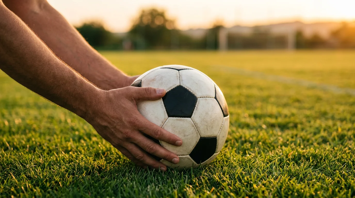 Manos sosteniendo un balón de fútbol en un campo de césped al atardecer