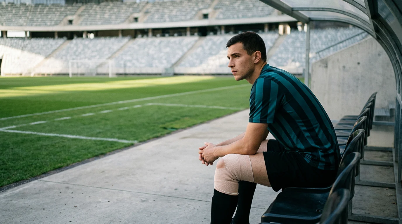Jugador de fútbol sentado en el banquillo con una venda en la rodilla durante un partido