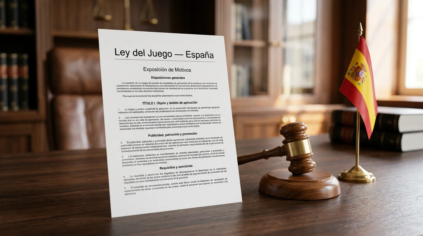 Documento legal sobre una mesa de madera junto a un mazo de juez y una bandera de España