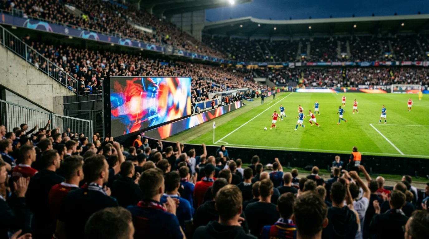 Valla publicitaria junto a un campo de fútbol durante un partido con aficionados en las gradas
