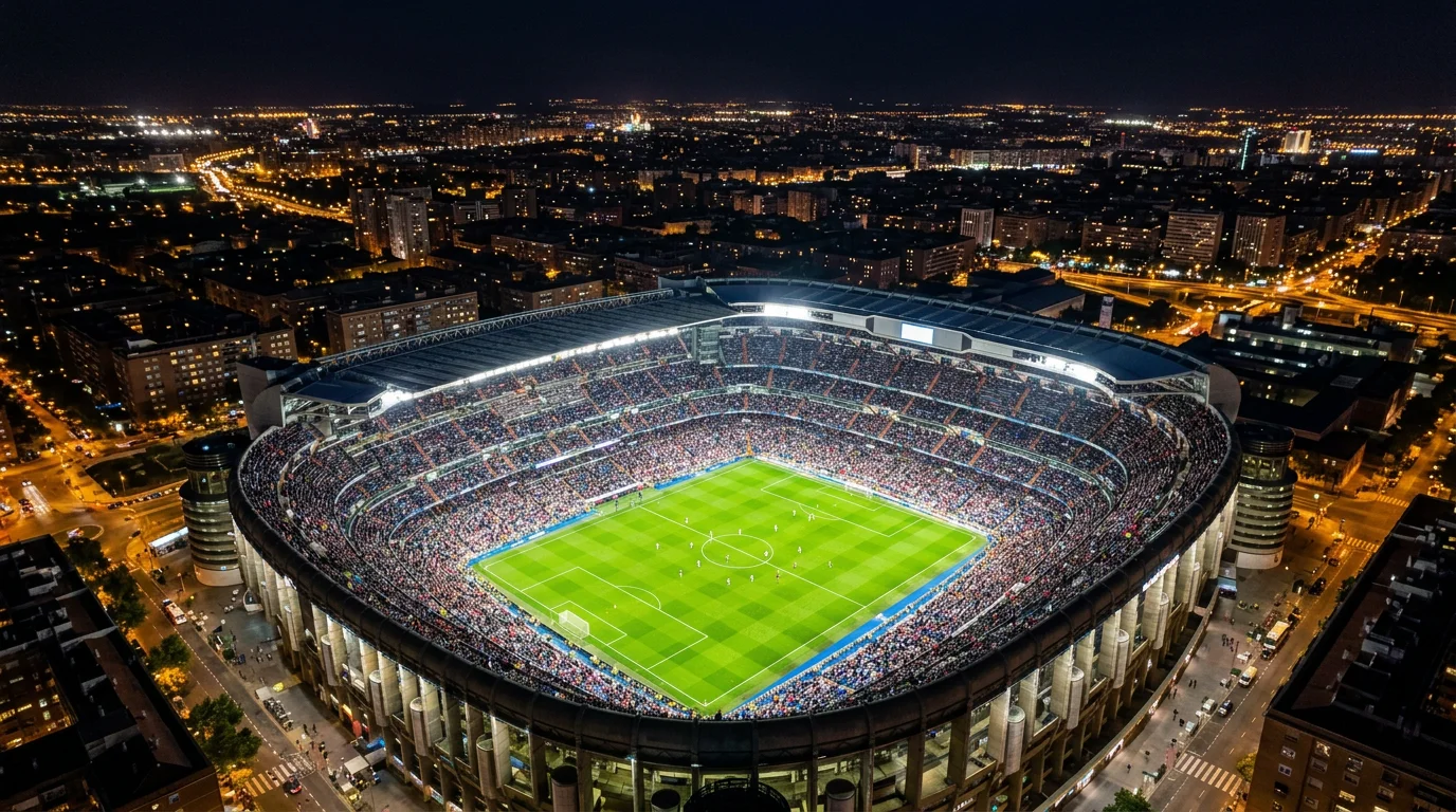 Vista aérea de un estadio de fútbol español lleno de aficionados durante un partido nocturno