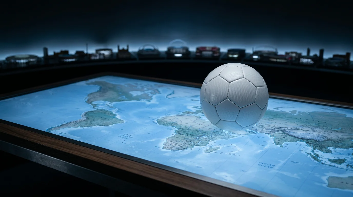 Balón de fútbol sobre un mapa del mundo iluminado con estadios de fondo