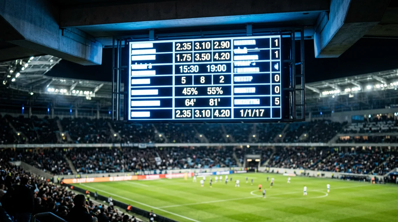 Pantalla electrónica de estadio mostrando números con un campo de fútbol al fondo