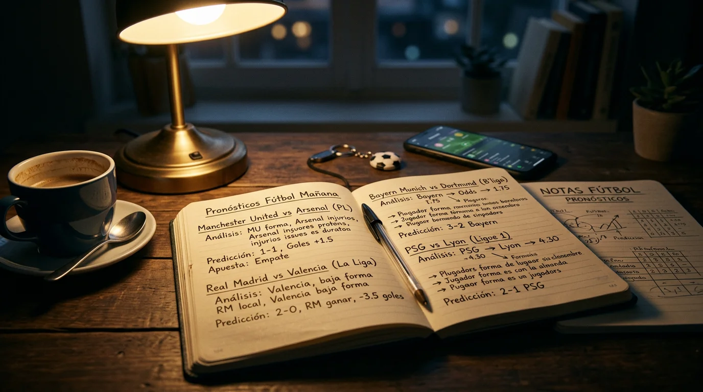Cuaderno de notas con análisis de partidos de fútbol junto a un bolígrafo sobre un escritorio nocturno