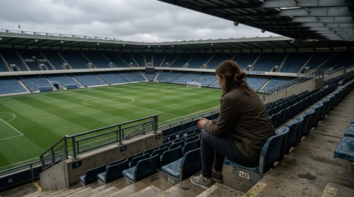 Primer plano de una persona pensativa mirando un campo de fútbol desde la grada de un estadio