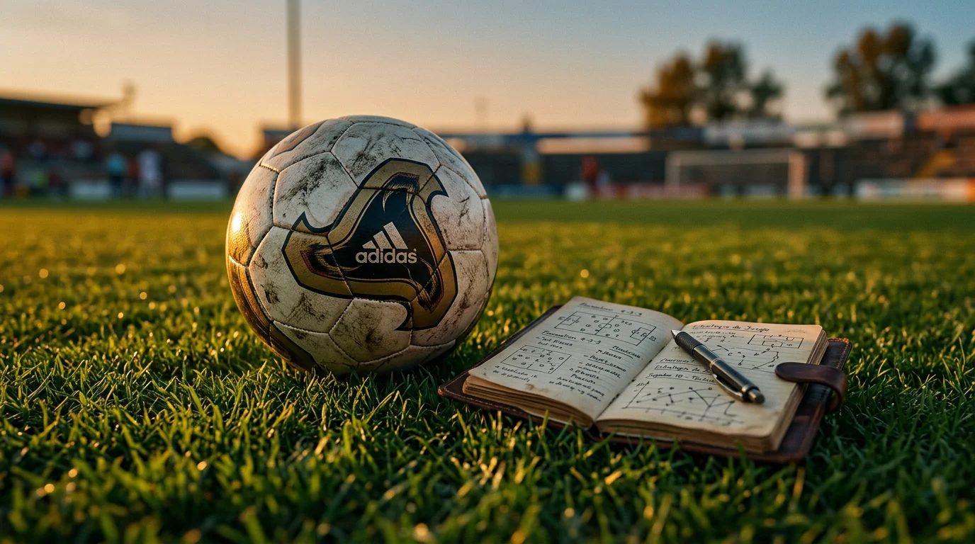 Tipos de apuestas de fútbol en un campo de juego con balón y cuaderno de análisis