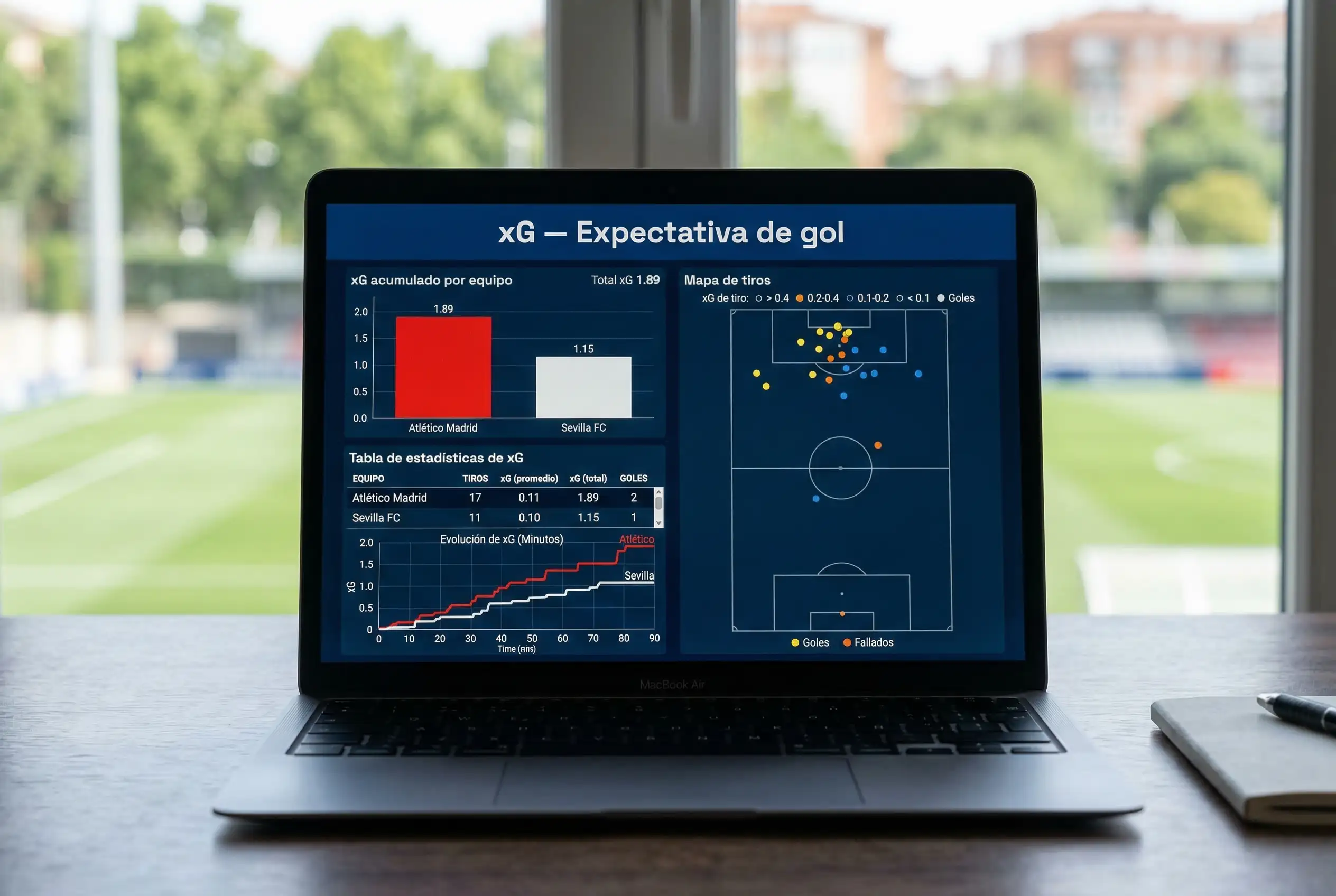 Pantalla de ordenador con gráficos de expected goals y estadísticas de fútbol